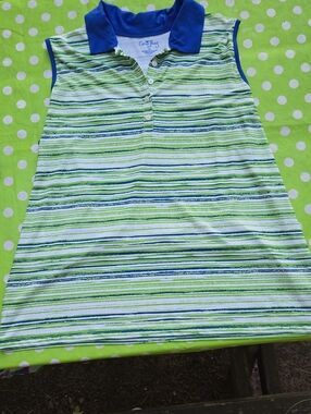 Coral Bay Blue Green White Collar Striped Golf Tank with Lime Accents SzXL